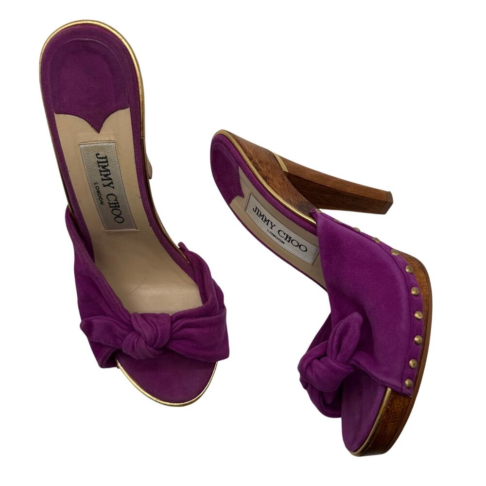 Vintage Jimmy Choo Purple Slip On Heeled Clog Mules Womens 37 EU Retro Pinup Bow